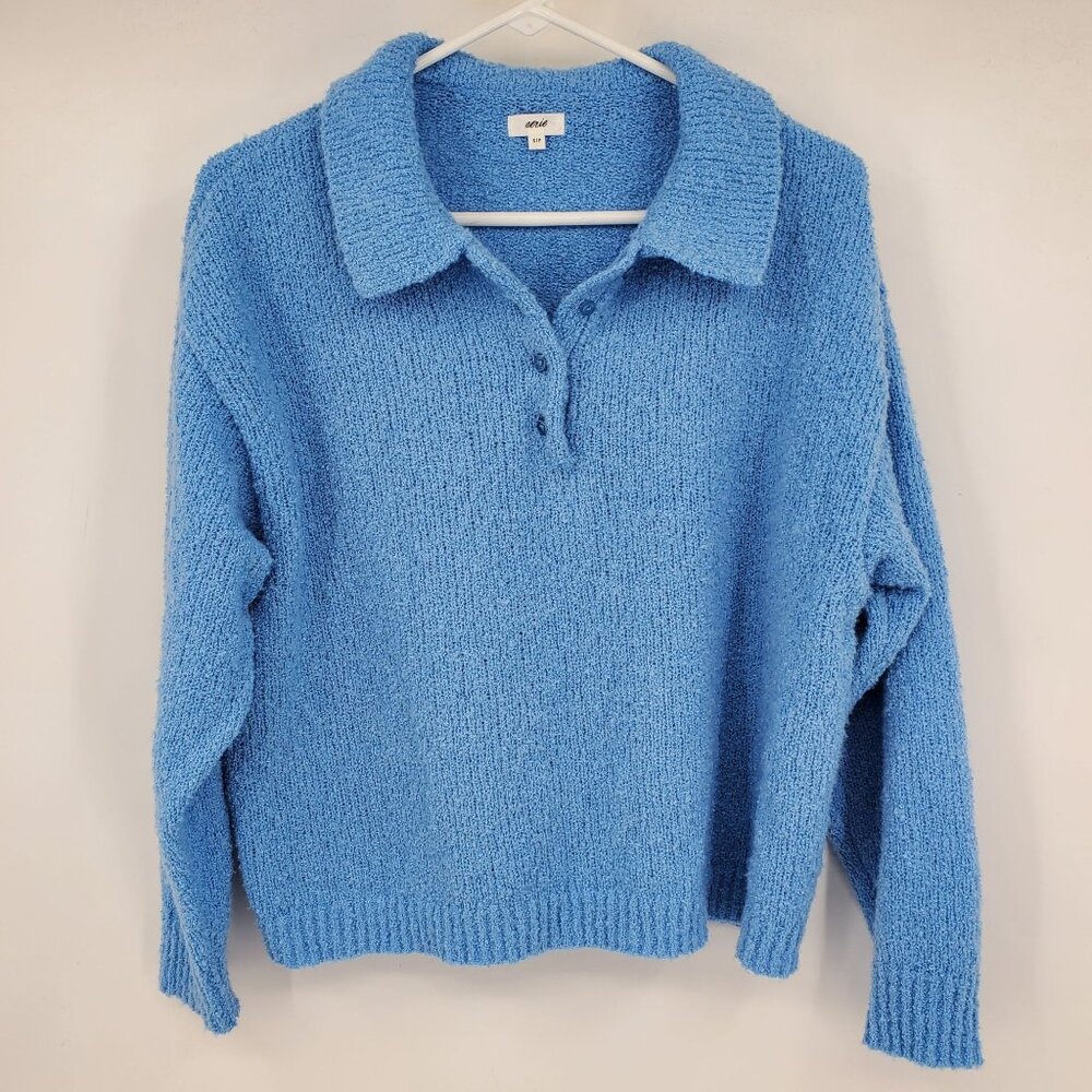 Aerie Women's Blue Textured Folded Collar Henley Neck Boxy Shirt Size Small